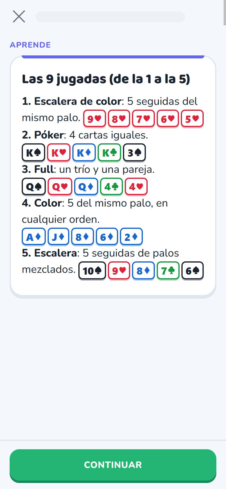 App lesson: poker hand rankings with example cards